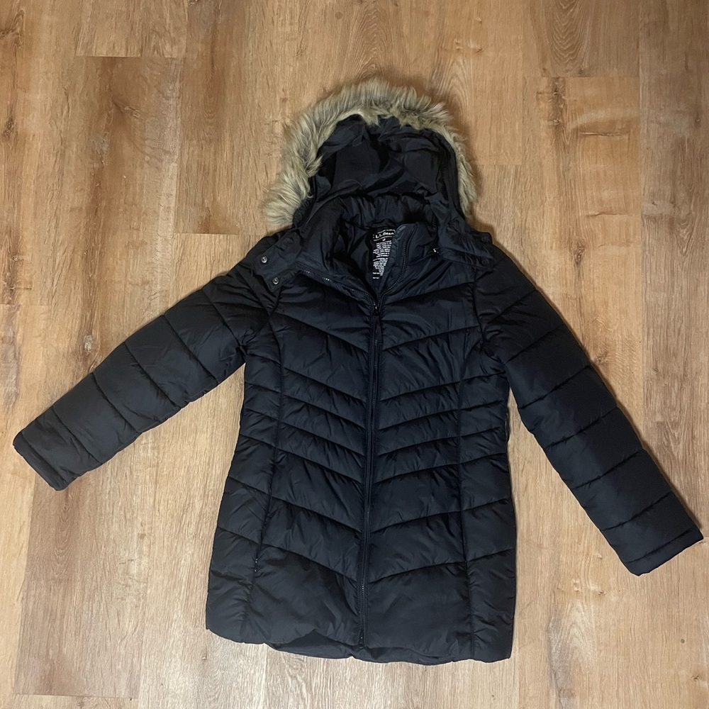 LL Bean Black Puffer Coat with Faux Fur Hood
